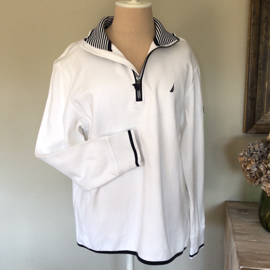Nautica Vintage White 1/4 Zip Navy Trim Pullover